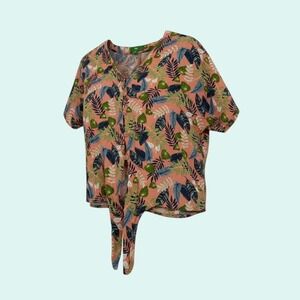 dip Women's Coral Pink XS Tropical Leaf Print Tie Front V-Neck Top Blouse